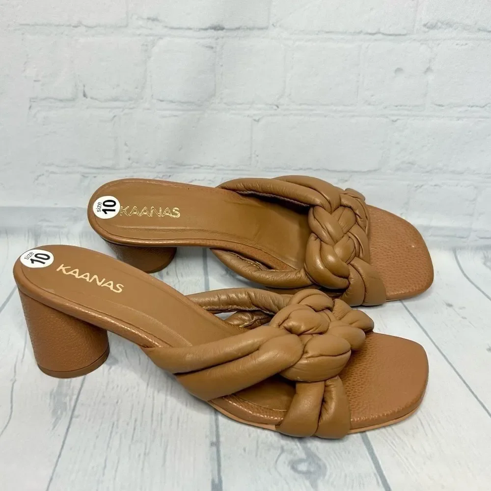 Kaanas Tan Braided Leather Square Toe Slip On Heel Sandals Size 10 NEW